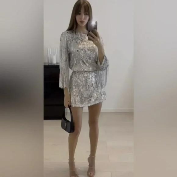 ZARA FRINGED SEQUIN MINI SHIFT DRESS - Picture 4 of 7